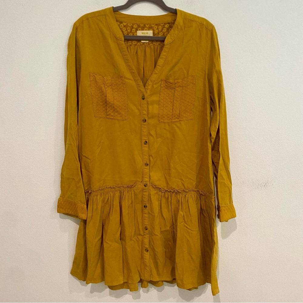 MAEVE ANTHROPOLOGIE MARLIE YELLOW V NECK LONG SLEEVE BUTTON DOWN MINI DRESS 10 - Picture 2 of 5